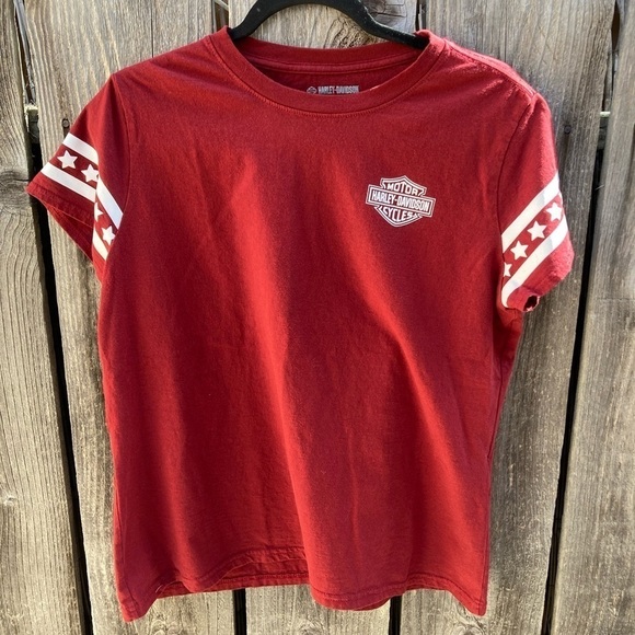 Women's Harley Davidson x Wounded Warrior T-Shirt Red L Crew Motorcycle Biker - Picture 2 of 13